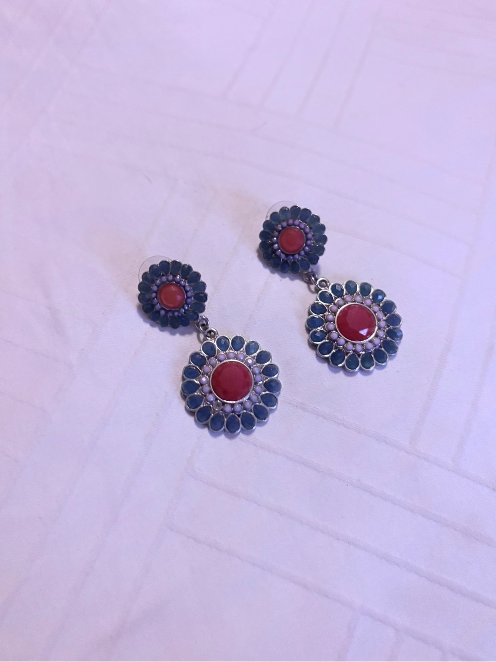 Handmade Red and Blue Floral Drop Earrings